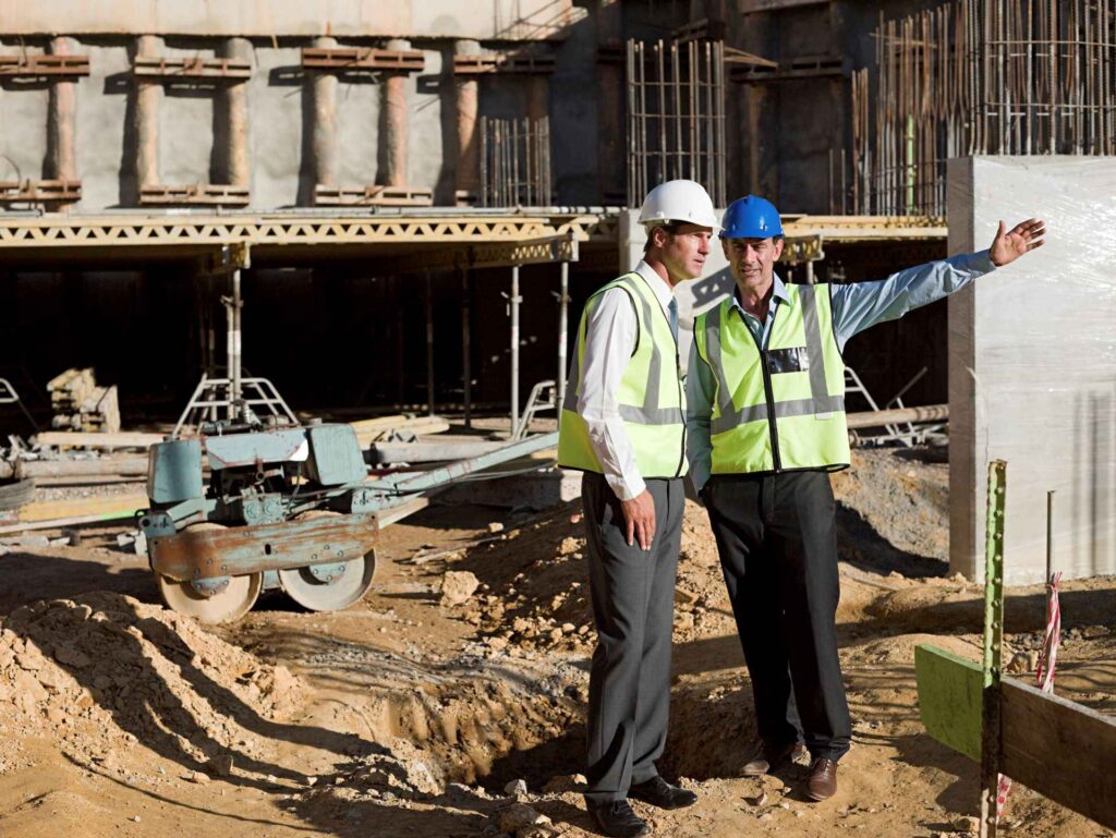 Two construction workers discussing project plans together on a building site